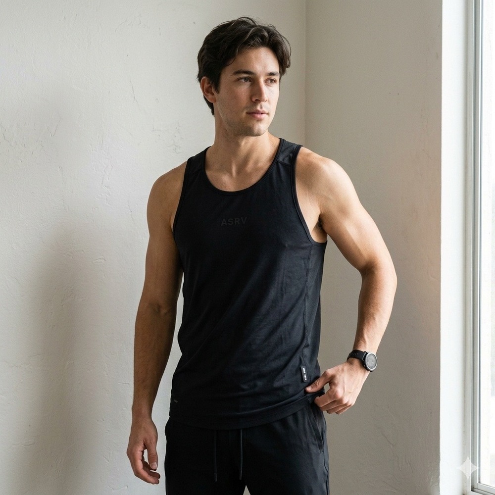 ASRV DSG-0809 Tank Top Mens Medium Black Supima AeroSilver Mesh Gorpcore Tech